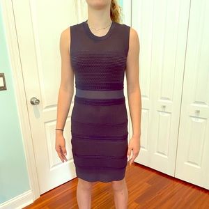 Fitted peek-a-boo, tastefully sheer navy dress